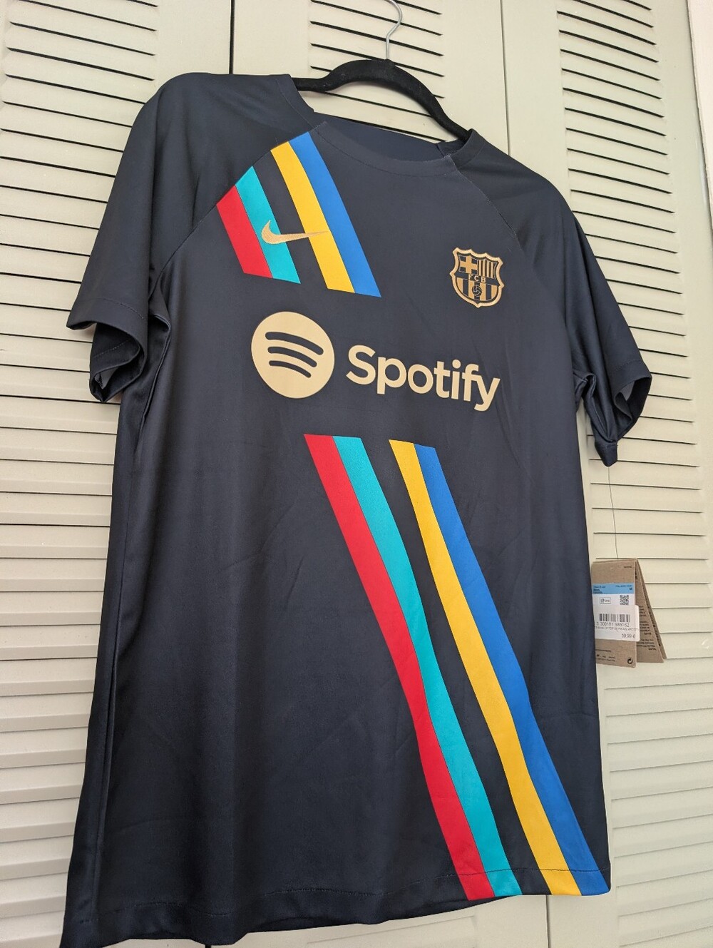 FC Barcelona Men's Black Short-Sleeve Training Tee with Multicolor Stripes